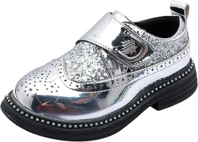 rismart Boys & Girls Hook & Loop Dress Shoes Sparkly Sequins Brogue Wingtip Oxfords for Wedding Birthday School