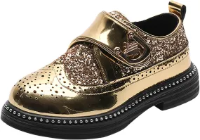 rismart Boys & Girls Hook & Loop Dress Shoes Sparkly Sequins Brogue Wingtip Oxfords for Wedding Birthday School