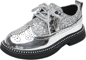 rismart Boys Girls Lace-up Oxfords Brogue Wingtip Shiny Sequin School Uniform Dress Shoes for Wedding Birthday Performance