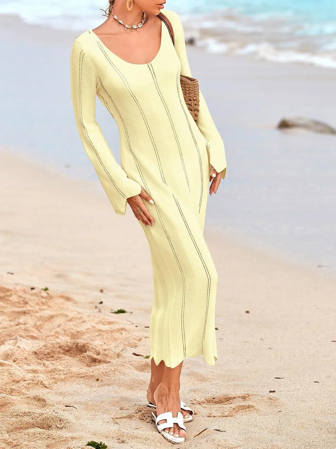 Saodimallsu Womens Crochet Maxi Dress Bell Long Sleeve Sexy V Neck Bodycon Backless Knit Dresses Beach Swim Cover Up