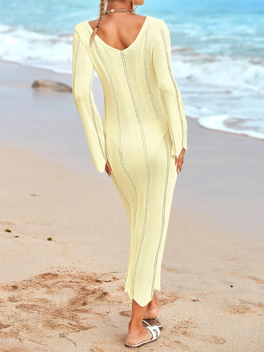 Saodimallsu Womens Crochet Maxi Dress Bell Long Sleeve Sexy V Neck Bodycon Backless Knit Dresses Beach Swim Cover Up