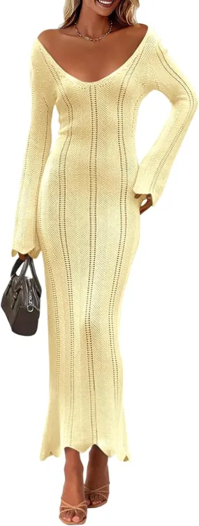 Saodimallsu Womens Crochet Maxi Dress Bell Long Sleeve Sexy V Neck Bodycon Backless Knit Dresses Beach Swim Cover Up