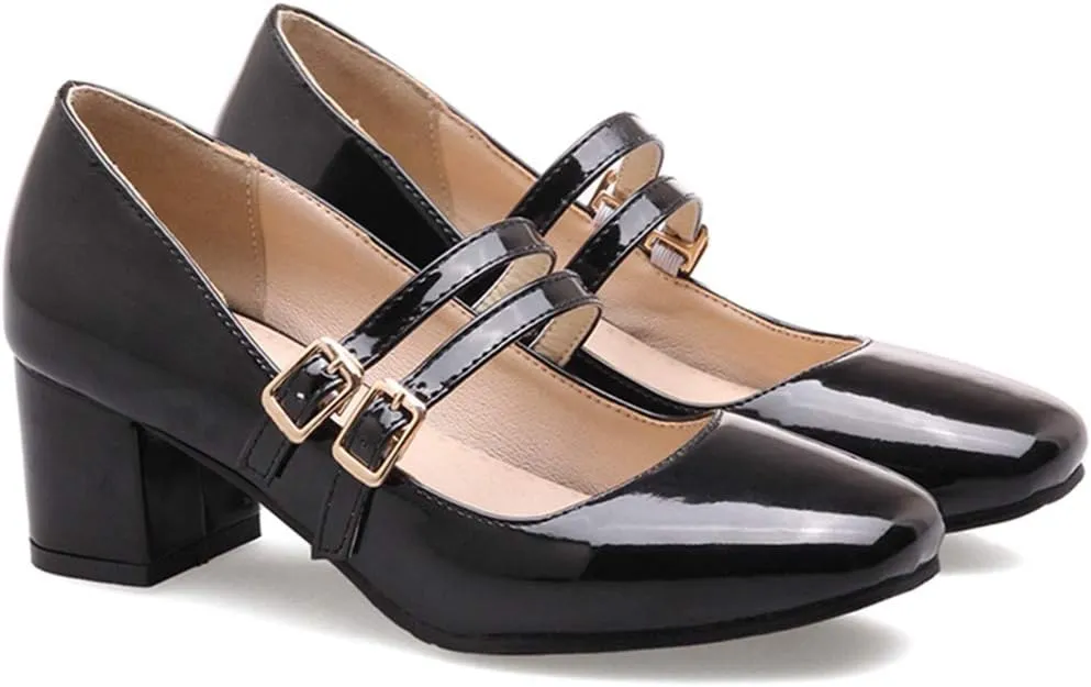 VOKLIN Women's Mary Jane Pump Oxford Retro Square Toe Buckle Strap Patent Leather Chunky Mid Heel Dress Shoes