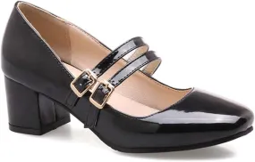 VOKLIN Women's Mary Jane Pump Oxford Retro Square Toe Buckle Strap Patent Leather Chunky Mid Heel Dress Shoes