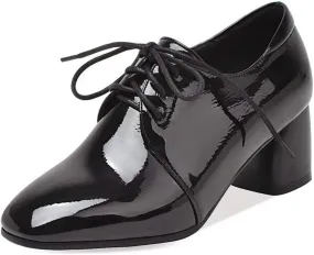 VOKLIN Women's Square Toe Lace Up Pump Oxford Patent Leather Chunky Mid Block Heel Western Dress Loafer Shoes