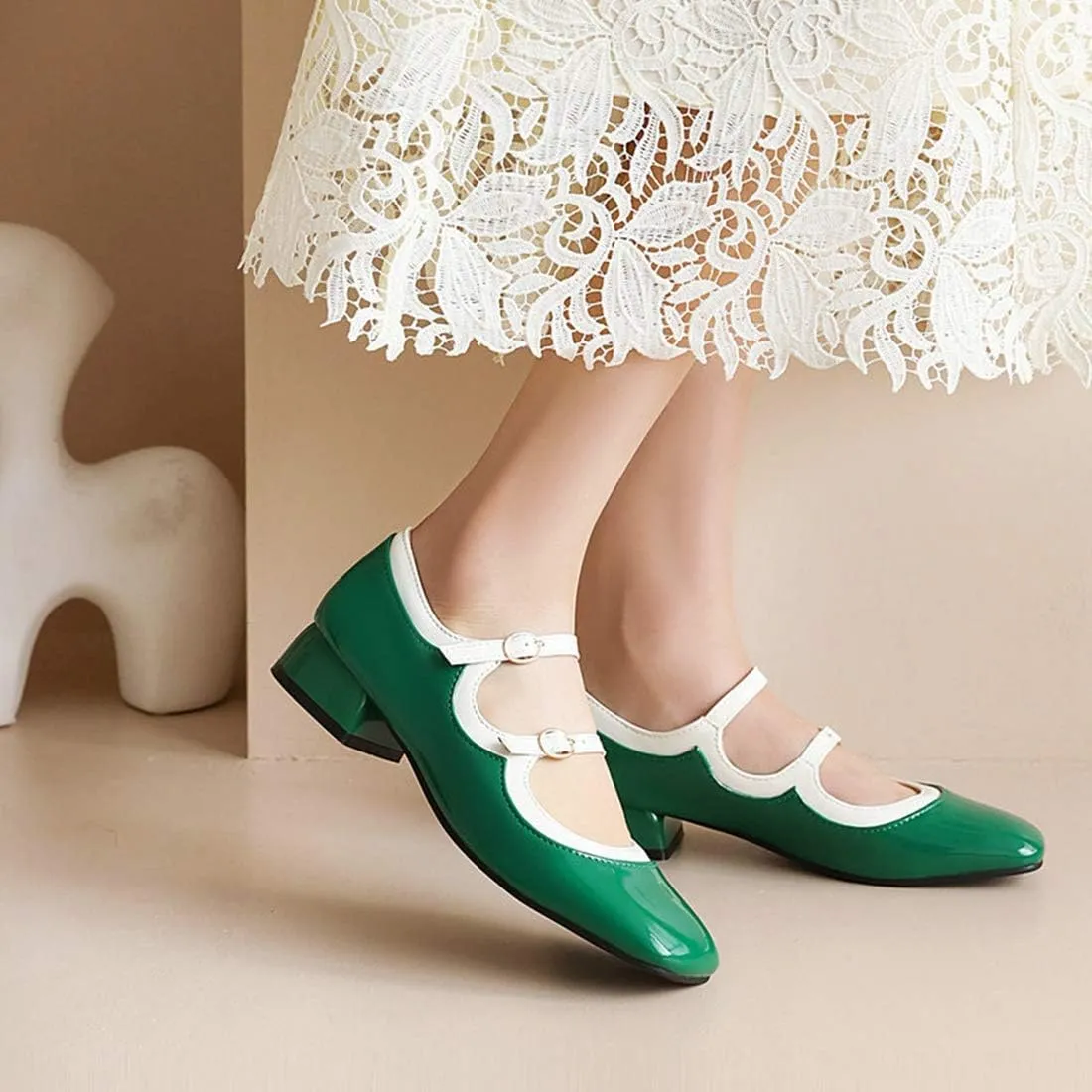 VOKLIN Women's Square Toe Mary Jane Oxford Shoes Patent Leather Buckle Strap Flat Low Heel Classic Dress Shoe