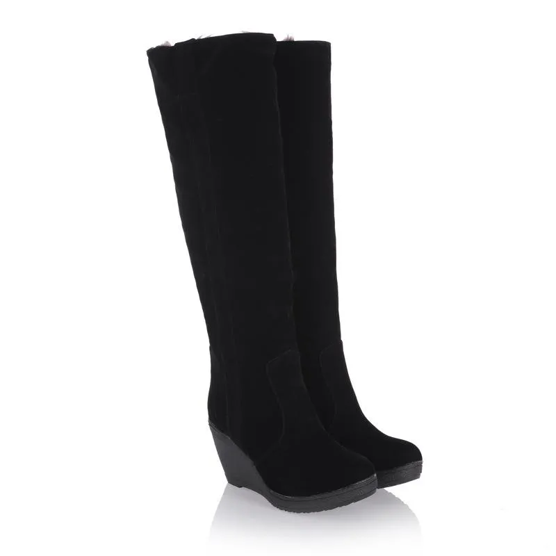Women warm faux fur lining knee high wedge snow boots