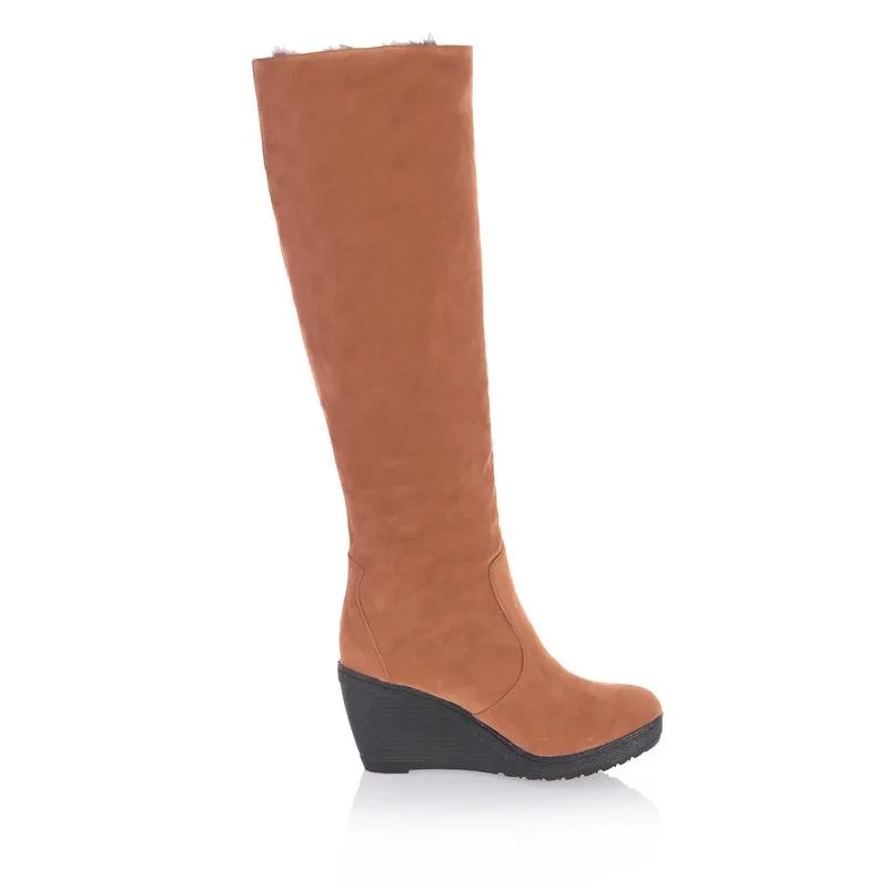 Women warm faux fur lining knee high wedge snow boots