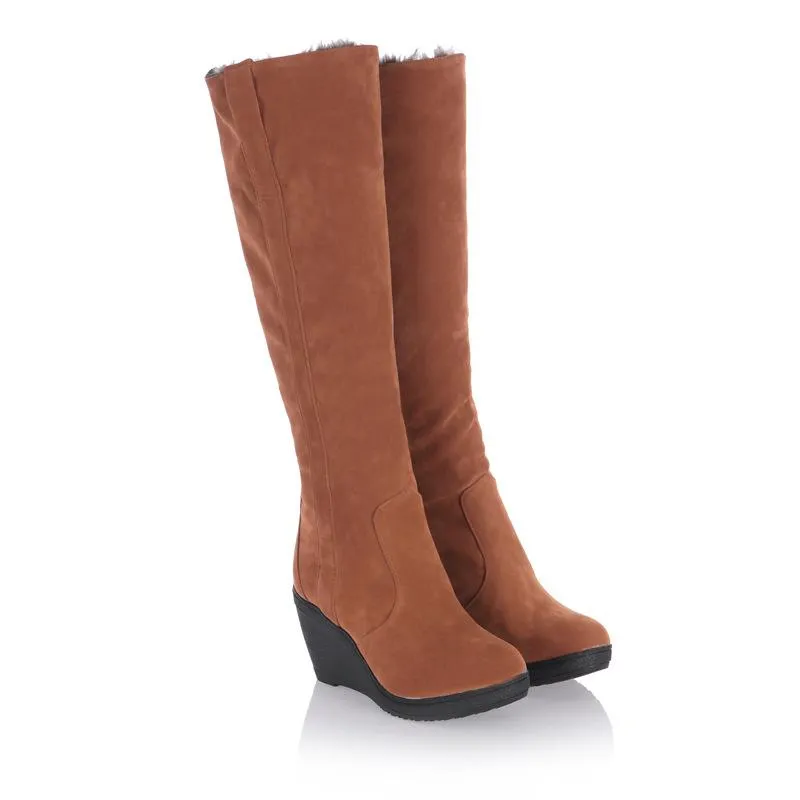 Women warm faux fur lining knee high wedge snow boots