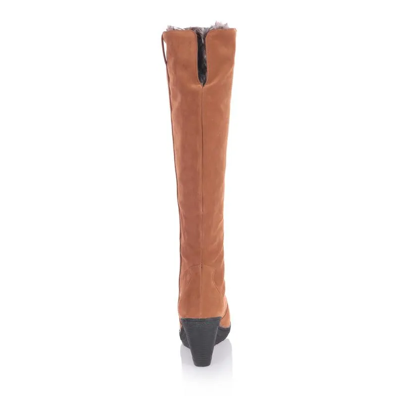Women warm faux fur lining knee high wedge snow boots