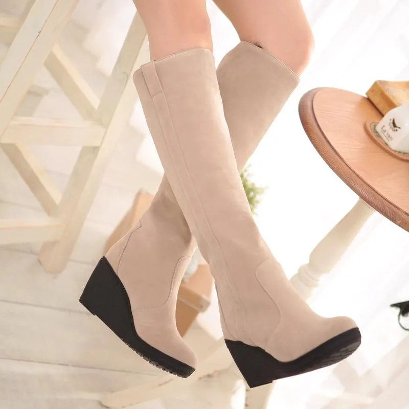 Women warm faux fur lining knee high wedge snow boots