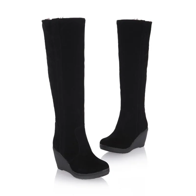 Women warm faux fur lining knee high wedge snow boots