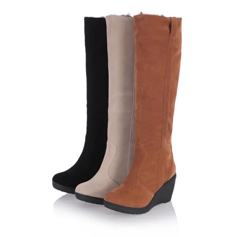 Women warm faux fur lining knee high wedge snow boots
