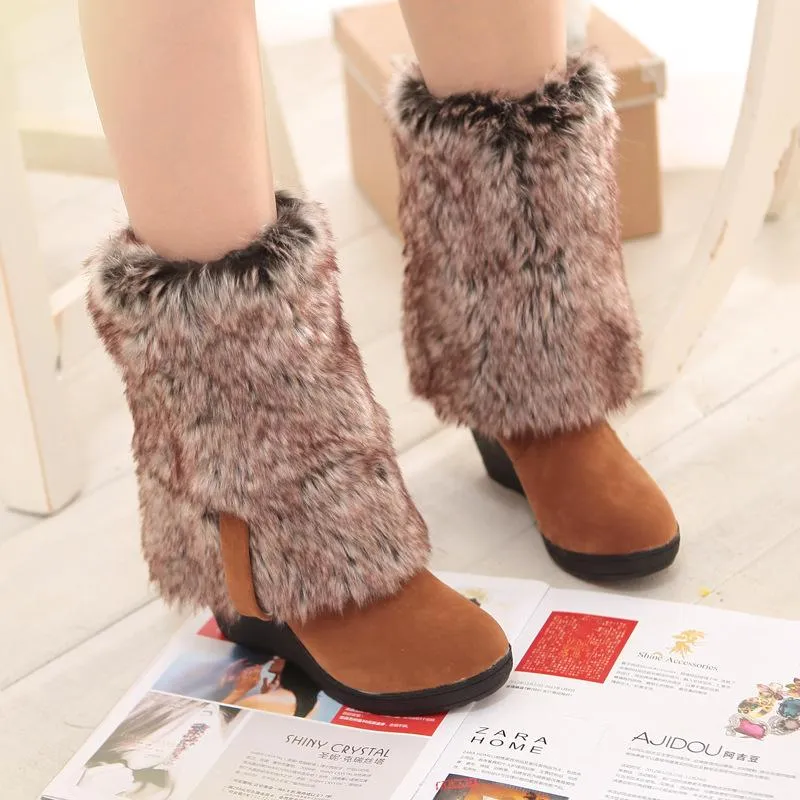 Women warm faux fur lining knee high wedge snow boots