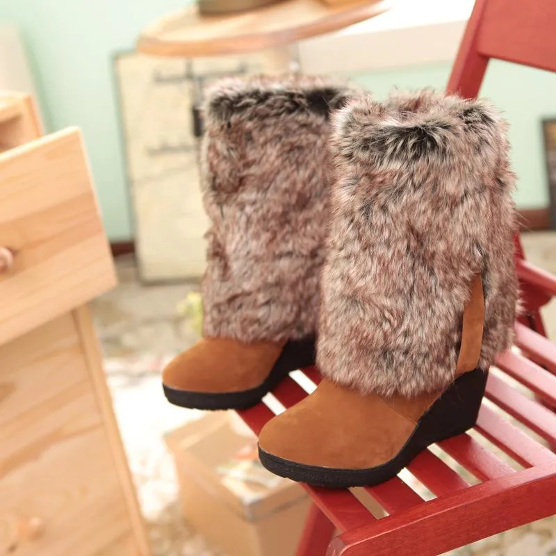 Women warm faux fur lining knee high wedge snow boots