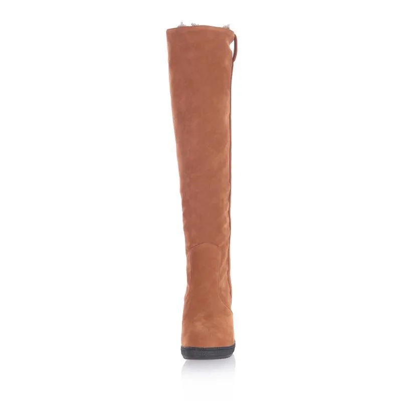 Women warm faux fur lining knee high wedge snow boots