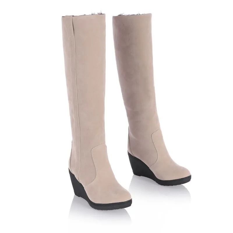 Women warm faux fur lining knee high wedge snow boots