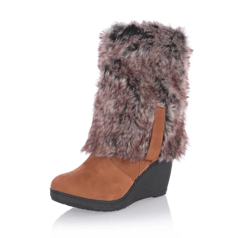 Women warm faux fur lining knee high wedge snow boots