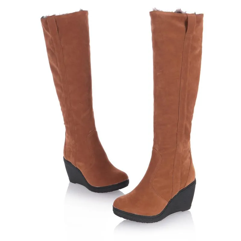 Women warm faux fur lining knee high wedge snow boots