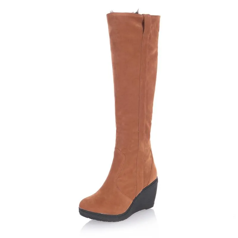 Women warm faux fur lining knee high wedge snow boots