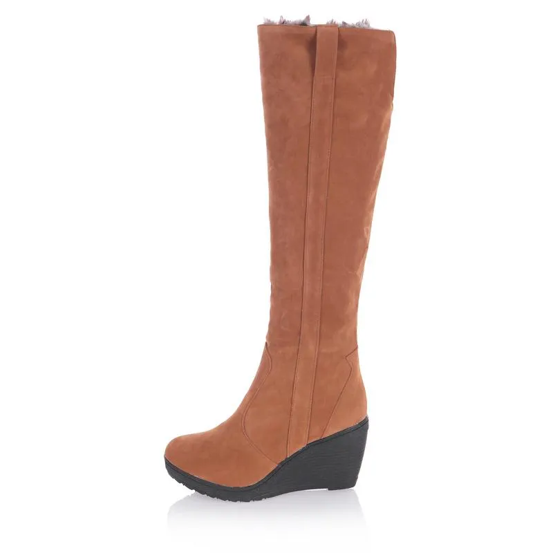 Women warm faux fur lining knee high wedge snow boots