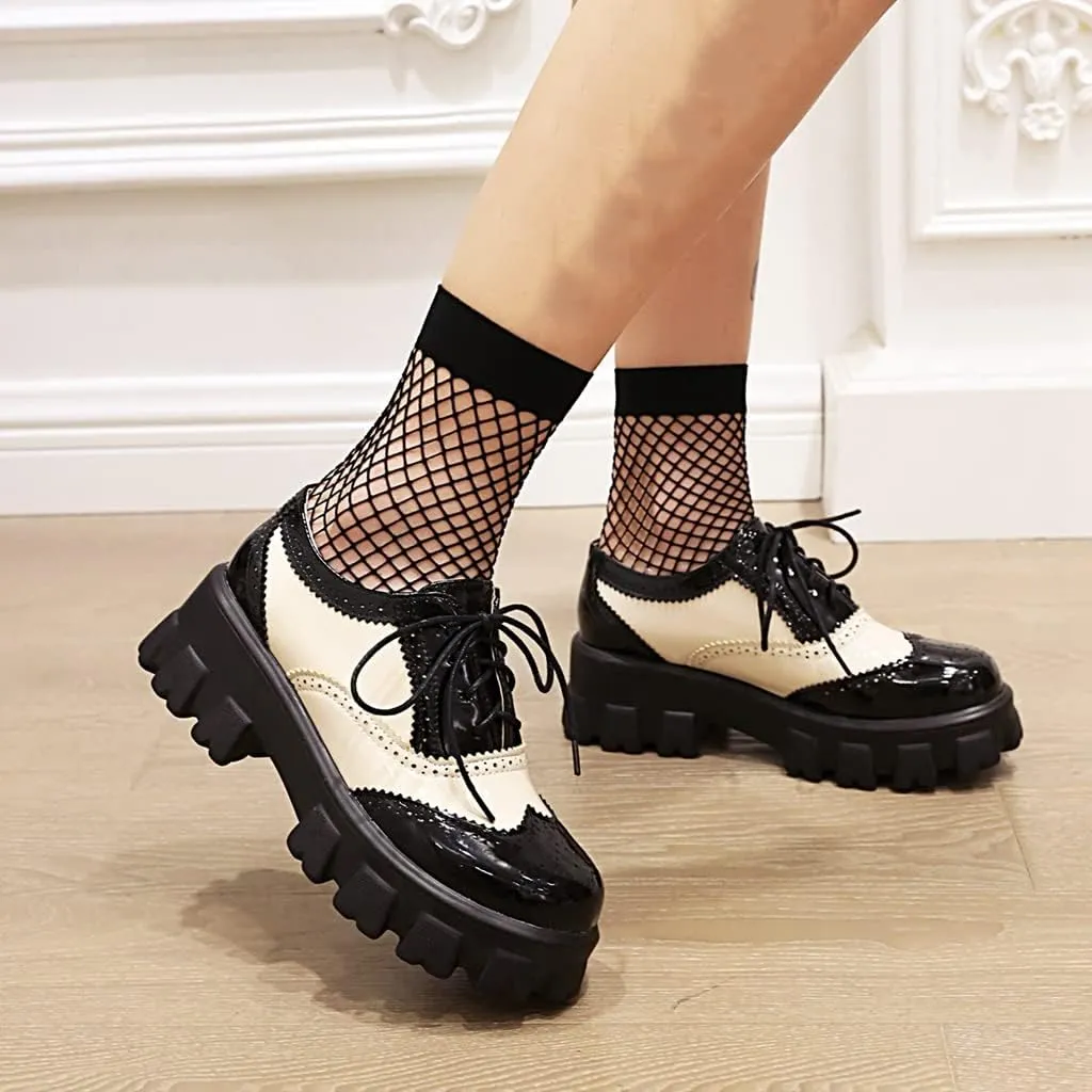 Women's Lace Up Wingtip Two Tone Oxford Shoes Perforated Mid Heel School Vintage Saddle Oxford Brogues
