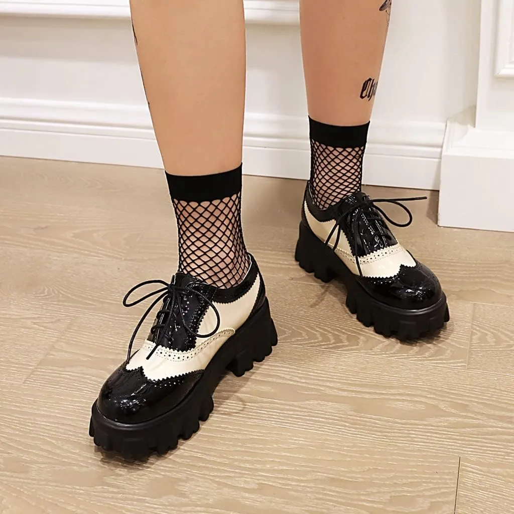 Women's Lace Up Wingtip Two Tone Oxford Shoes Perforated Mid Heel School Vintage Saddle Oxford Brogues