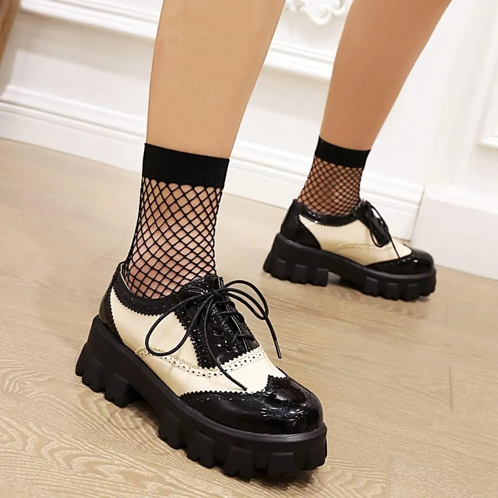 Women's Lace Up Wingtip Two Tone Oxford Shoes Perforated Mid Heel School Vintage Saddle Oxford Brogues