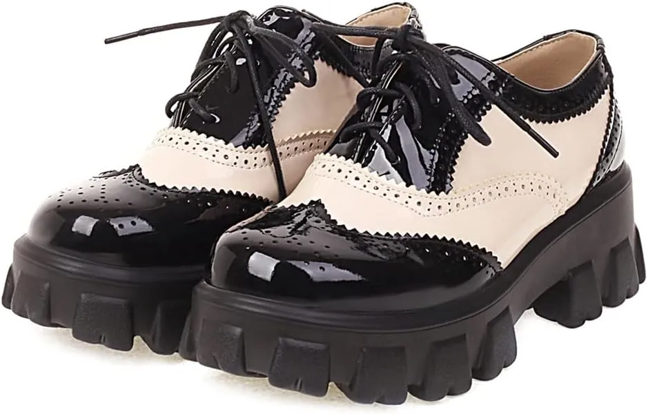 Women's Lace Up Wingtip Two Tone Oxford Shoes Perforated Mid Heel School Vintage Saddle Oxford Brogues