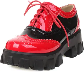 Women's Lace Up Wingtip Two Tone Oxford Shoes Perforated Mid Heel School Vintage Saddle Oxford Brogues