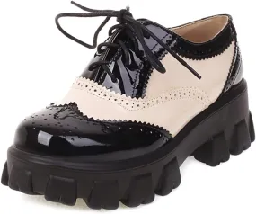 Women's Lace Up Wingtip Two Tone Oxford Shoes Perforated Mid Heel School Vintage Saddle Oxford Brogues